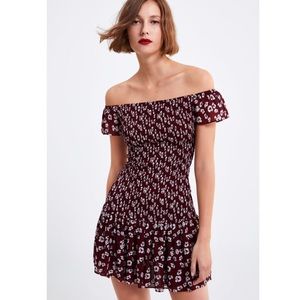 ZARA Burgundy Floral off the shoulder mini dress